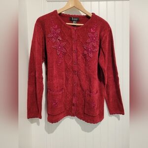 Jenny Women's Garnet Sweater L Button Front Cardigan Embroidered & Beaded NWT